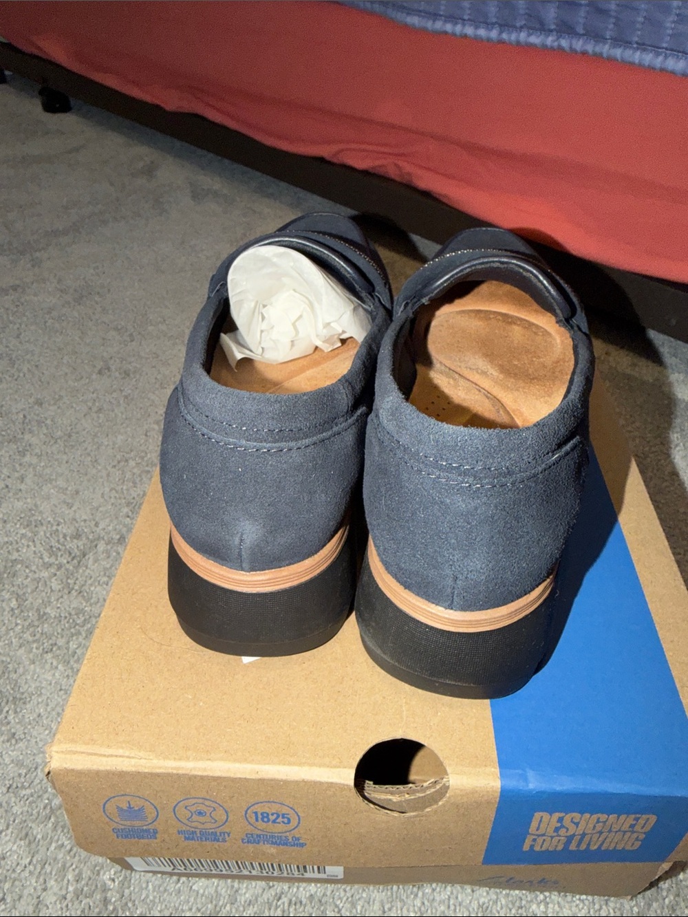 Clarks Navy Suede Slip-On Loafers with Studded Strap Accent - Picture 4 of 6